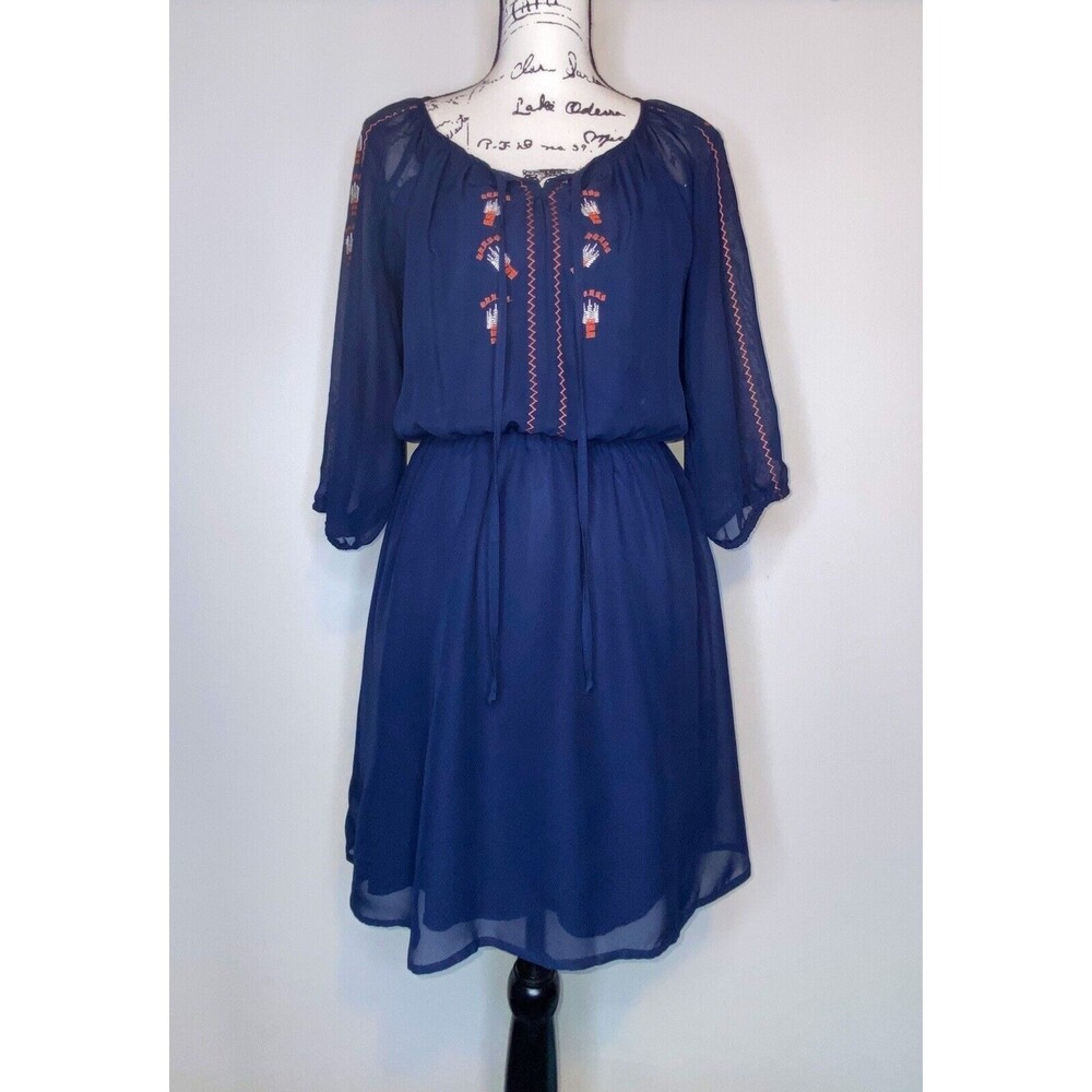 Bongo Southwestern Embroidered Overlay Mini Dress Womens MED Blue Cottage